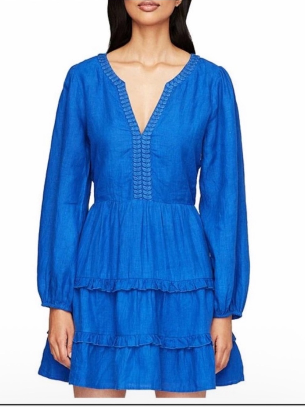 Roller Rabbit Embroidered Cobalt Neck Long Sleeve Tiered Linen Naema Dress